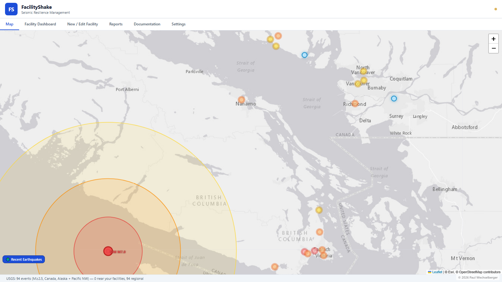 FacilityShake after a simulated offshore M7.0 — impacted facilities ranked on the map