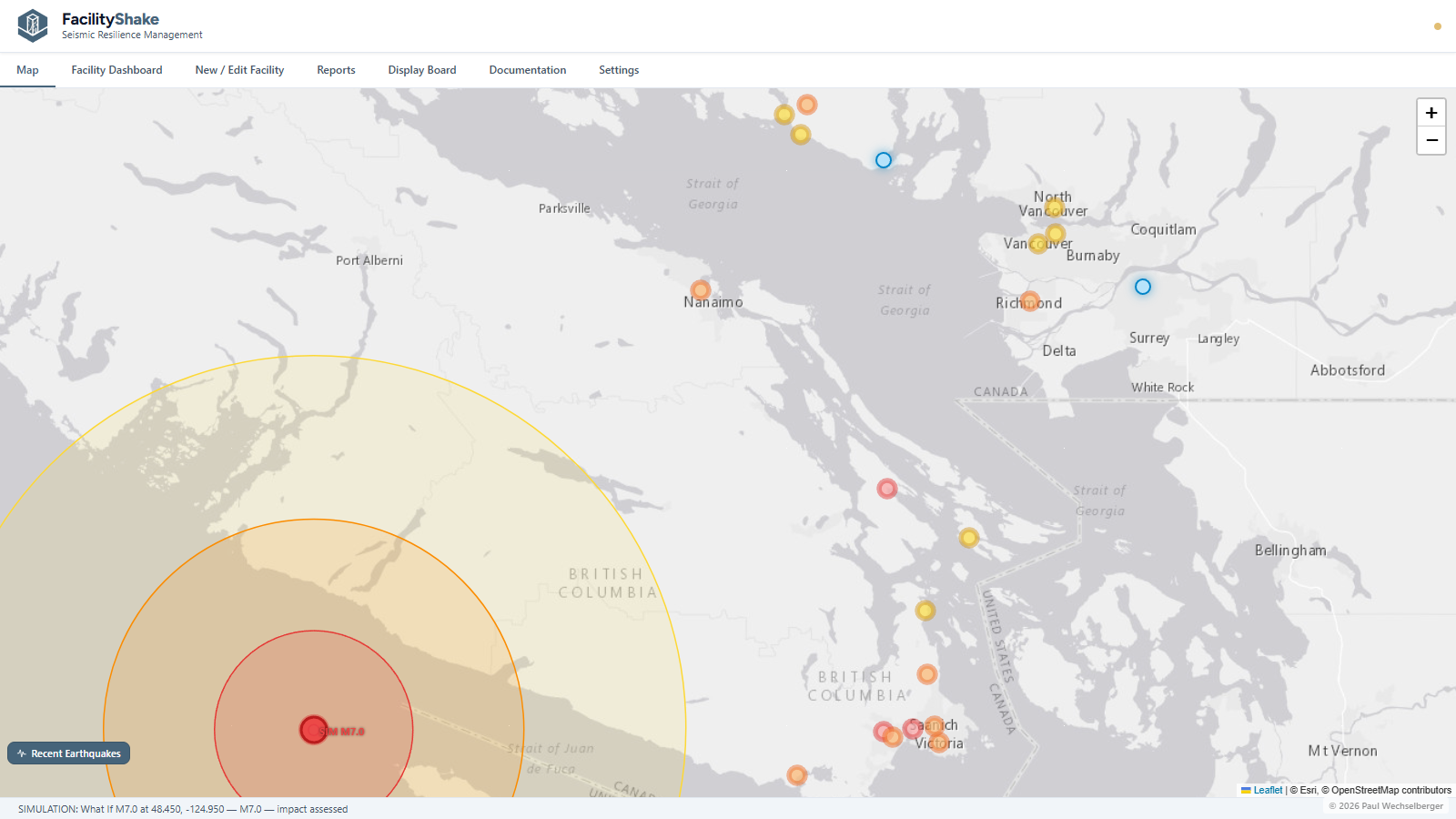FacilityShake after a simulated offshore M7.0 — impacted facilities ranked on the map