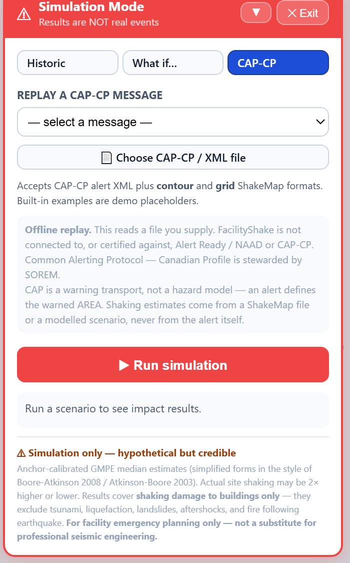 The CAP-CP panel in the live product: replay a CAP-CP alert message or load a CAP-CP / XML file and run it as a simulation