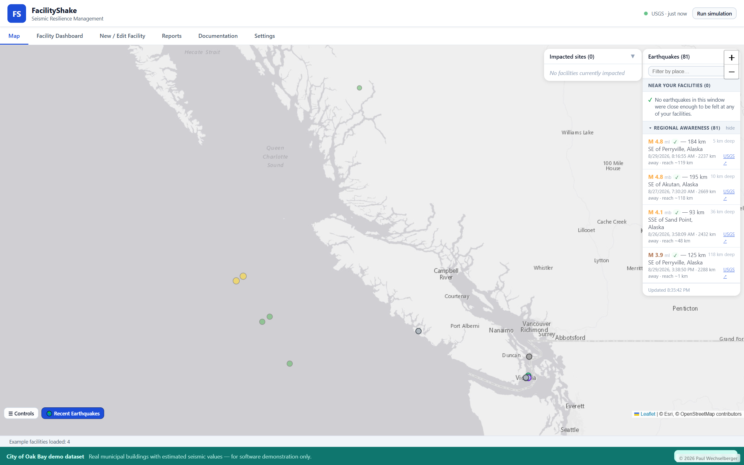 FacilityShake map of British Columbia with the live earthquake feed — recent real events plotted alongside a facility portfolio