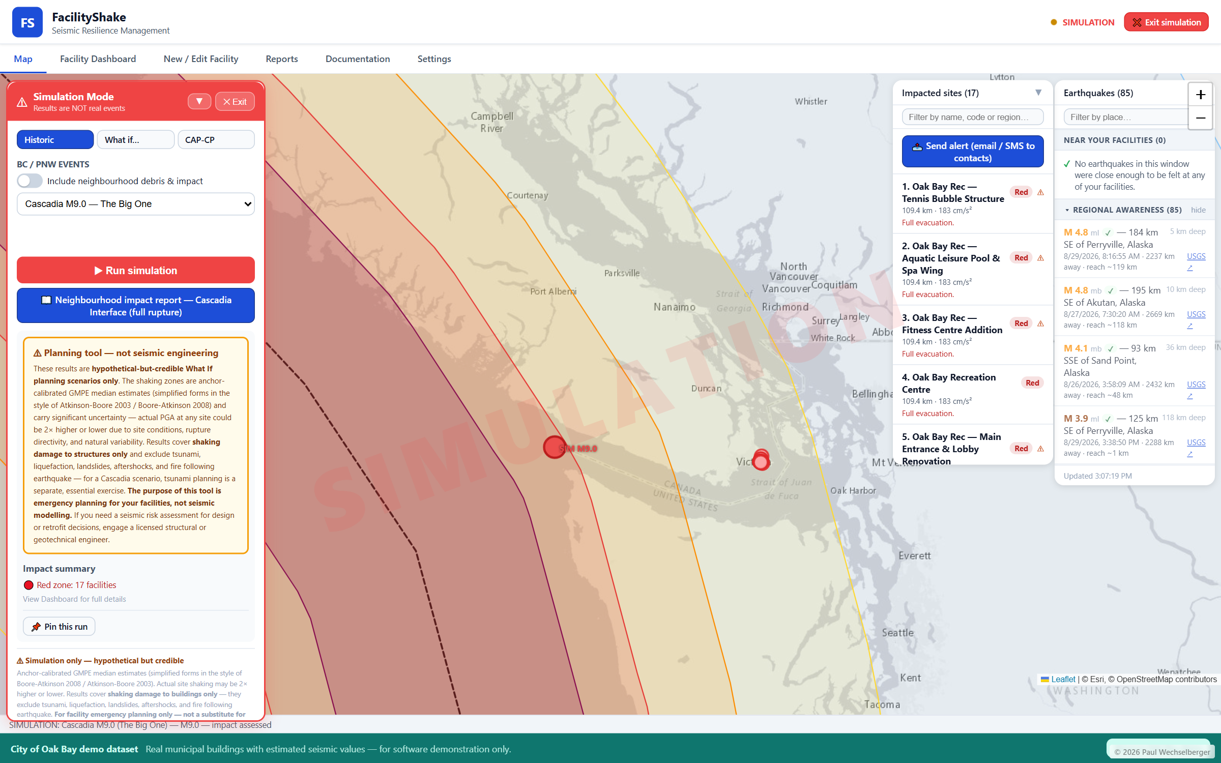 A simulated earthquake scenario applied across a facility portfolio, with per-building shaking results on the map