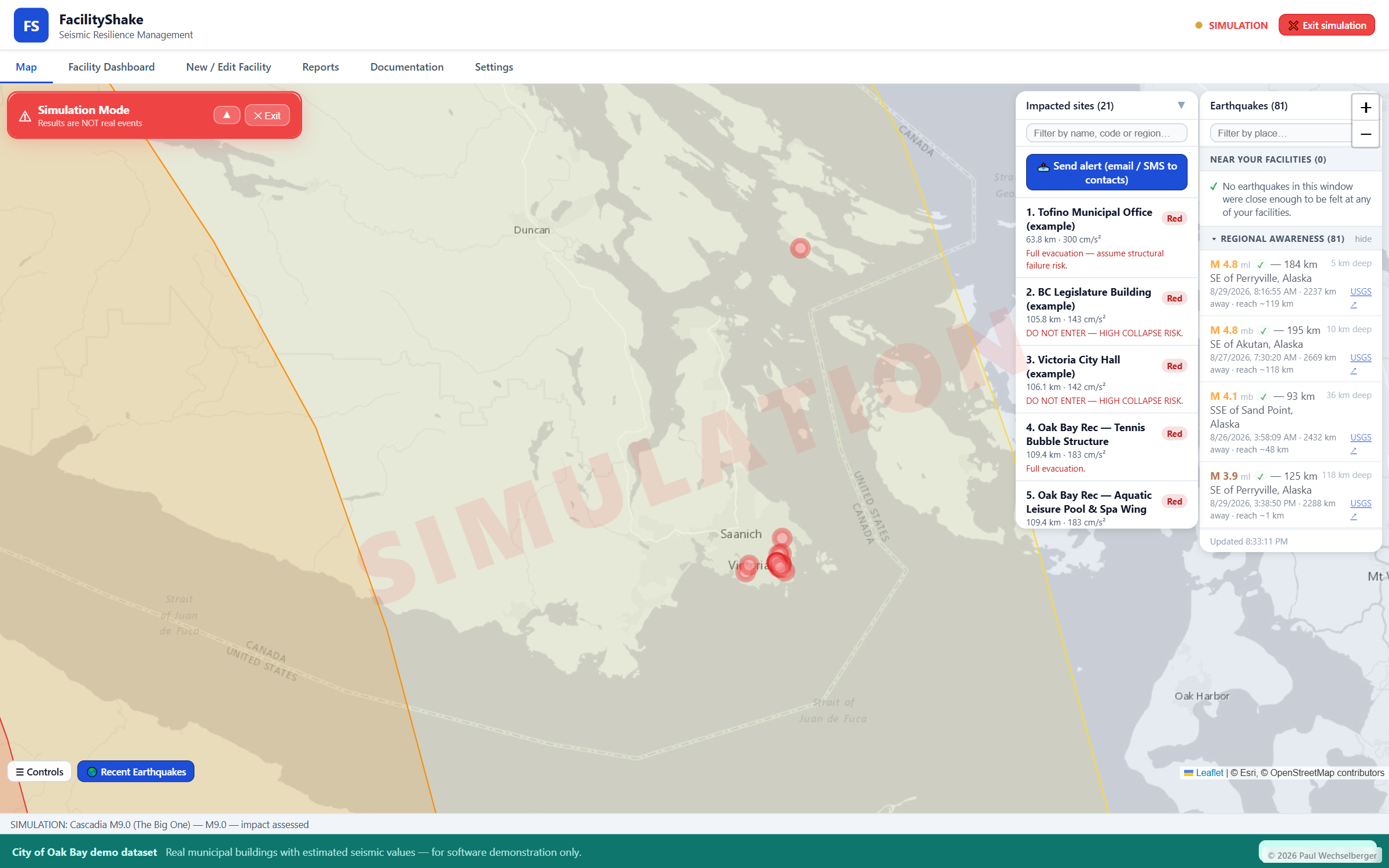 A simulated earthquake scenario applied across a facility portfolio, with per-building impact ranked on the map