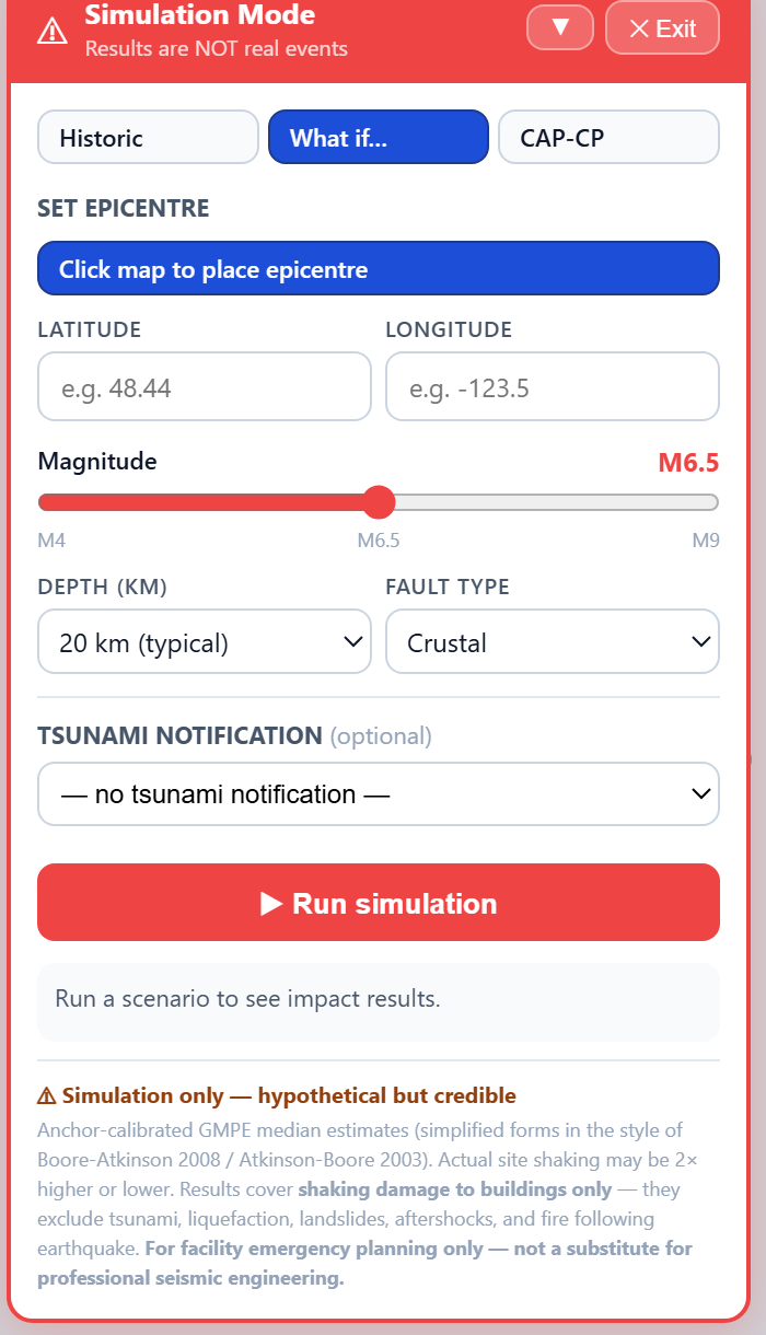The What-if panel in the live product: click the map to place an epicentre, set magnitude, depth and fault type, and run the simulation