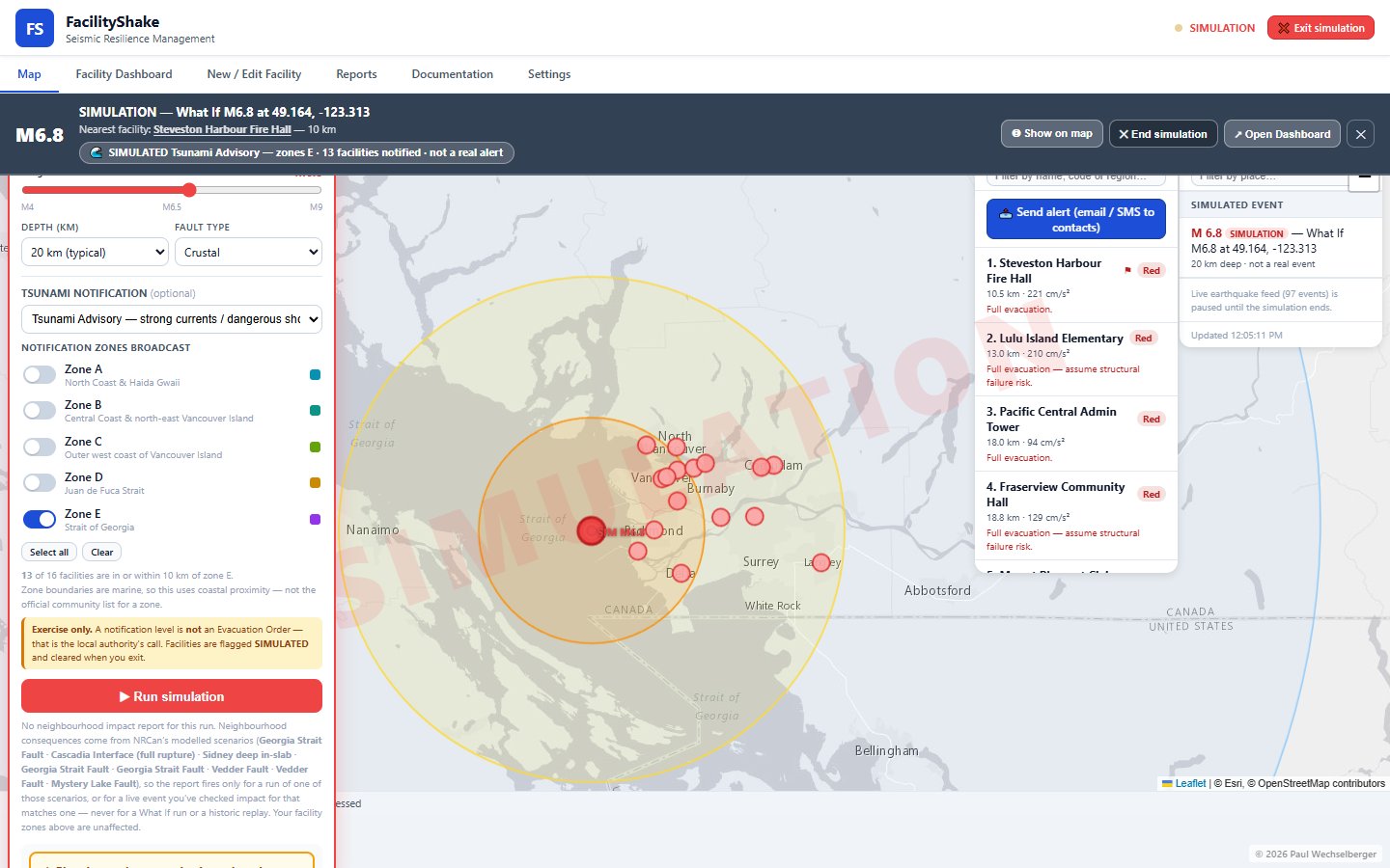 A What-if M6.8 in the Strait of Georgia with a tsunami advisory broadcast to Zone E — the earthquake and the alert carried together on the bar across the top of FacilityShake, every facility ranked